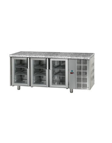 Tavolo Refrigerato GN 1/1 con 3 porte in vetro, 2 luci Neon e piano di lavoro in Granito cm 188x70x85h
