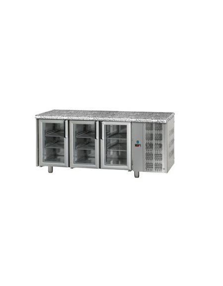 Tavolo Refrigerato GN 1/1 con 3 porte in vetro, 2 luci Neon e piano di lavoro in Granito cm 188x70x85h