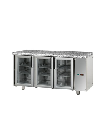 Tavolo Refrigerato GN 1/1 con 3 porte in vetro, 2 luci Neon, piano di lavoro in Granito, predisposto per unità frigorifera remot