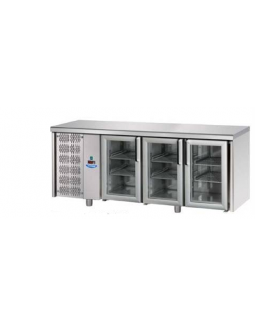 Tavolo Refrigerato GN 1/1 con 3 porte in vetro, 2 luci Neon e gruppo motore a sinistra cm 187x70x85h