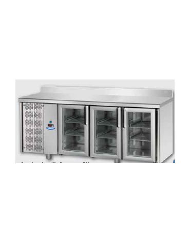 Tavolo Refrigerato GN 1/1 con 3 porte in vetro, 2 luci Neon, piano in Acciaio Inox con alzatina 100 mm e gruppo motore a sinistr