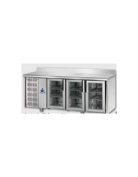 Tavolo Refrigerato GN 1/1 con 3 porte in vetro, 2 luci Neon, piano in Acciaio Inox con alzatina 100 mm e gruppo motore a sinistr