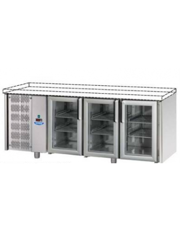 Tavolo Refrigerato GN 1/1 con 3 porte in vetro, 2 luci Neon, senza piano di lavoro e gruppo motore a sinistra cm 187x70x80h