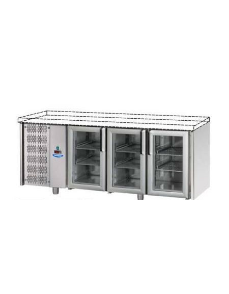 Tavolo Refrigerato GN 1/1 con 3 porte in vetro, 2 luci Neon, senza piano di lavoro e gruppo motore a sinistra cm 187x70x80h