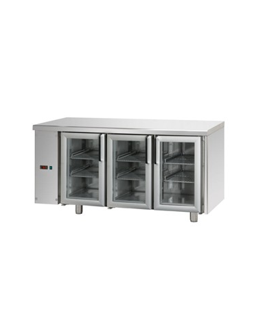 Tavolo Refrigerato GN 1/1 con 3 porte in vetro, 2 luci Neon, predisposto per unità frigorifera remota a sinistra cm 165x70x85h