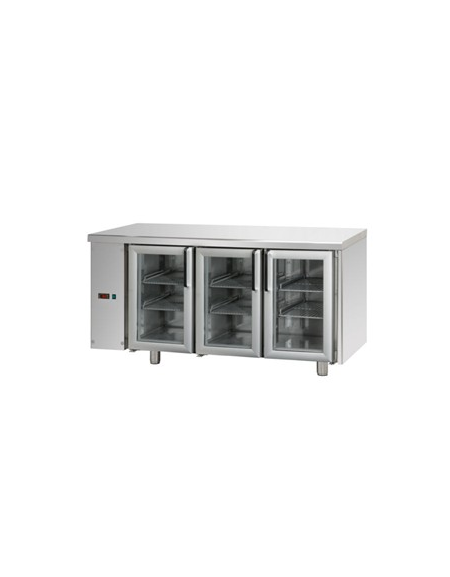 Tavolo Refrigerato GN 1/1 con 3 porte in vetro, 2 luci Neon, predisposto per unità frigorifera remota a sinistra cm 165x70x85h