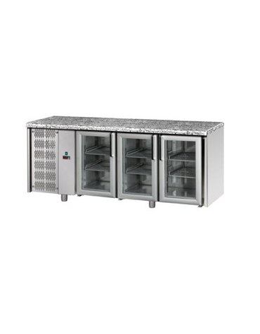Tavolo Refrigerato GN 1/1 con 3 porte in vetro, 2 luci Neon, piano di lavoro in Granito e gruppo motore a sinistra cm 188x70x85h