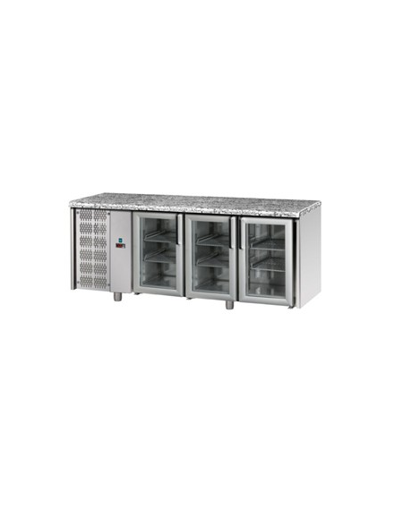 Tavolo Refrigerato GN 1/1 con 3 porte in vetro, 2 luci Neon, piano di lavoro in Granito e gruppo motore a sinistra cm 188x70x85h