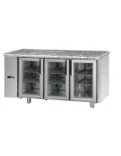 Tavolo Refrigerato 3 porte in vetro, 2 luci Neon, piano in Granito, predisposto per unità frigorifera remota a sx cm 166x70x85h