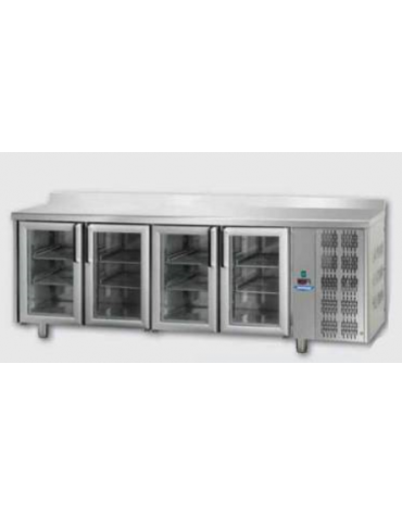 Tavolo Refrigerato GN 1/1 con 4 porte in vetro, 3 luci Neon e piano in Acciaio Inox con alzatina 100 mm, cm 232x70x95h