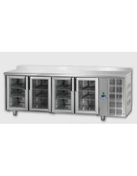 Tavolo Refrigerato GN 1/1 con 4 porte in vetro, 3 luci Neon e piano in Acciaio Inox con alzatina 100 mm, cm 232x70x95h
