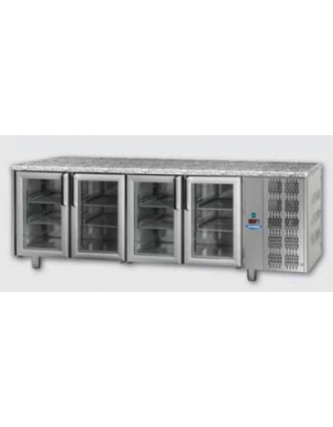 Tavolo Refrigerato GN 1/1 con 4 porte in vetro, 3 luci Neon e piano di lavoro in Granito cm 233x70hx85h