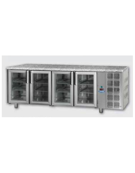 Tavolo Refrigerato GN 1/1 con 4 porte in vetro, 3 luci Neon e piano di lavoro in Granito cm 233x70hx85h