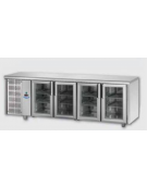 Tavolo Refrigerato GN 1/1 con 4 porte in vetro, 3 luci Neon e gruppo motore a sinistra cm 232x70x85h