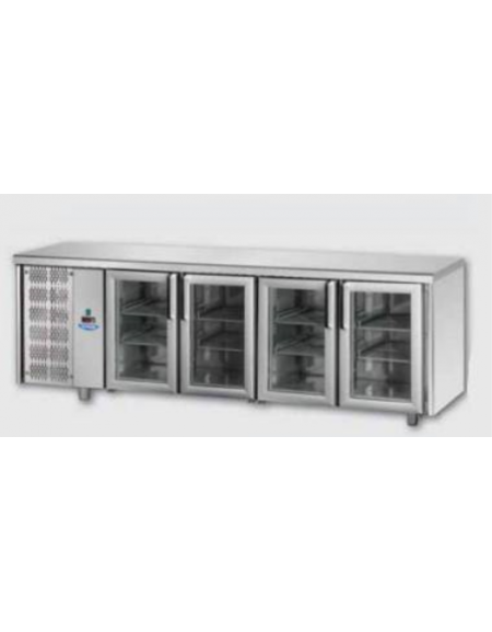 Tavolo Refrigerato GN 1/1 con 4 porte in vetro, 3 luci Neon e gruppo motore a sinistra cm 232x70x85h