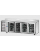 Tavolo Refrigerato GN 1/1 con 4 porte in vetro, 3 luci Neon, con alzatina e gruppo motore a sinistra cm 232x70x95h