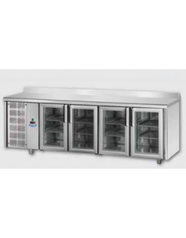 Tavolo Refrigerato GN 1/1 con 4 porte in vetro, 3 luci Neon, piano in Acciaio Inox con alzatina 100 mm e gruppo motore a sinistr