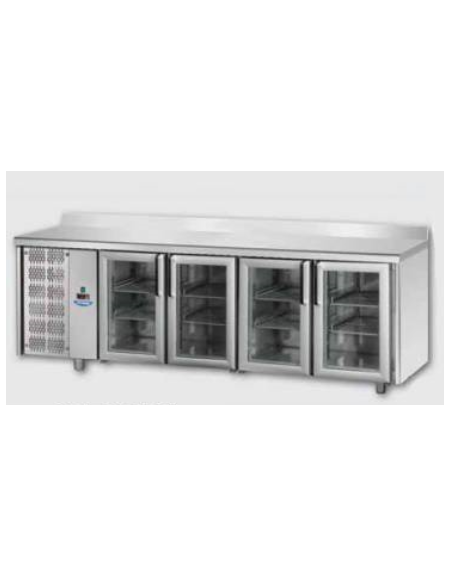 Tavolo Refrigerato GN 1/1 con 4 porte in vetro, 3 luci Neon, piano in Acciaio Inox con alzatina 100 mm e gruppo motore a sinistr