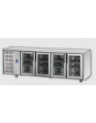 Tavolo Refrigerato GN 1/1 con 4 porte in vetro, 3 luci Neon, senza piano di lavoro e gruppo motore a sinistra cm 232x70x80h