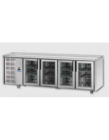 Tavolo Refrigerato GN 1/1 con 4 porte in vetro, 3 luci Neon, senza piano di lavoro e gruppo motore a sinistra cm 232x70x80h