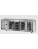 Tavolo Refrigerato GN 1/1 con 4 porte in vetro, 3 luci Neon, piano di lavoro in Granito e gruppo motore a sinistra cm 233x70x85h