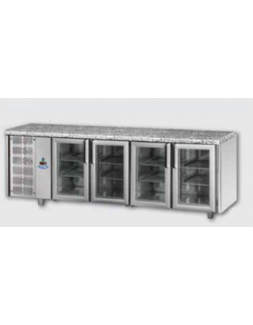 Tavolo Refrigerato GN 1/1 con 4 porte in vetro, 3 luci Neon, piano di lavoro in Granito e gruppo motore a sinistra cm 233x70x85h