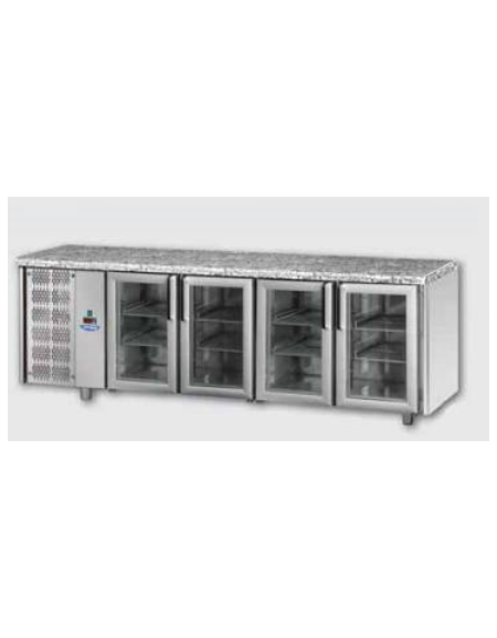 Tavolo Refrigerato GN 1/1 con 4 porte in vetro, 3 luci Neon, piano di lavoro in Granito e gruppo motore a sinistra cm 233x70x85h