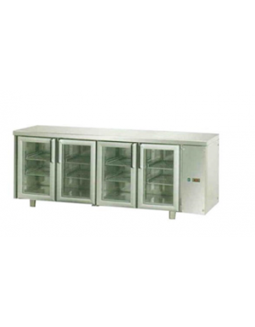 Tavolo Refrigerato GN 1/1 con 4 porte in vetro, 3 luci Neon, predisposto per unità frigorifera remota cm 210x70x85h