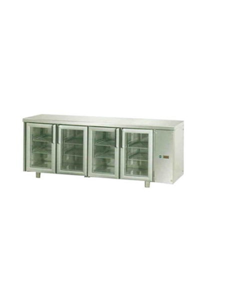 Tavolo Refrigerato GN 1/1 con 4 porte in vetro, 3 luci Neon, predisposto per unità frigorifera remota cm 210x70x85h