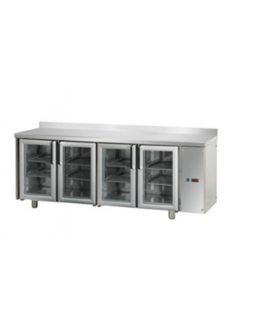 Tavolo Refrigerato 4 porte in vetro 3 luci Neon con alzatina 100 mm predisposto per unità frigorifera remota cm 210x70x95h