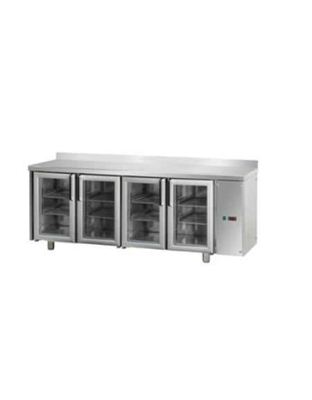 Tavolo Refrigerato 4 porte in vetro 3 luci Neon con alzatina 100 mm predisposto per unità frigorifera remota cm 210x70x95h