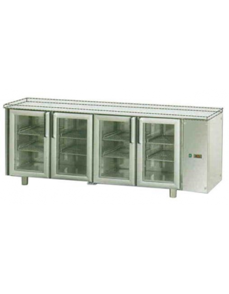 Tavolo Refrigerato GN 1/1 con 4 porte in vetro, 3 luci Neon, senza piano di lavoro, predisposto per unità frigorifera remota cm 