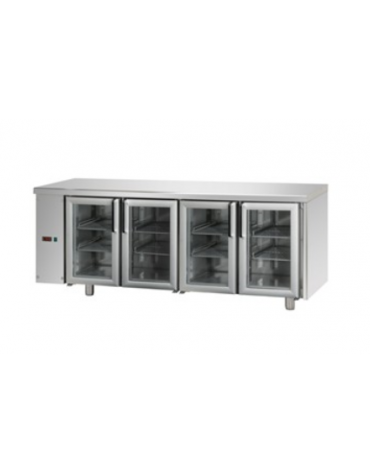 Tavolo Refrigerato GN 1/1 con 4 porte in vetro, 3 luci Neon, predisposto per unità frigorifera remota a sinistra cm 210x70x85h