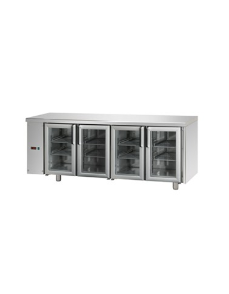 Tavolo Refrigerato GN 1/1 con 4 porte in vetro, 3 luci Neon, predisposto per unità frigorifera remota a sinistra cm 210x70x85h