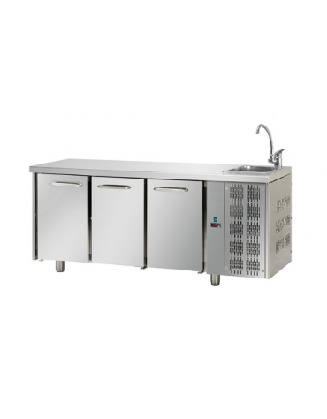 Tavolo Refrigerato GN 1/1 con 3 porte e piano con lavello cm 187x70x115h