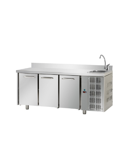 Tavolo Refrigerato GN 1/1 con 3 porte e piano in Acciaio Inox con alzatina 100 mm e lavello cm 187x70x115h