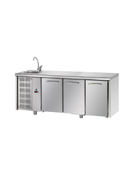 Tavolo Refrigerato GN 1/1 con 3 porte, piano con lavello e gruppo motore a sinistra cm 187x70x115h