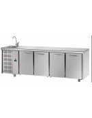 Tavolo Refrigerato GN 1/1 con 4 porte, piano con lavello e gruppo motore a sinistra cm 232x70x115h