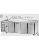 Tavolo Refrigerato GN 1/1 a temperatura normale con 4 porte, piano in Acciaio Inox con alzatina 100 mm e lavello, con gruppo mot