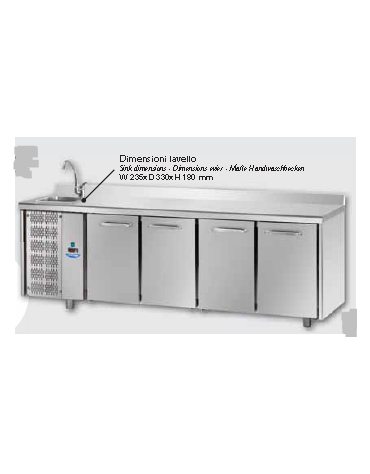 Tavolo Refrigerato GN 1/1 a temperatura normale con 4 porte, piano in Acciaio Inox con alzatina 100 mm e lavello, con gruppo mot