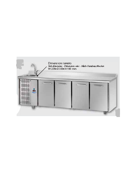 Tavolo Refrigerato GN 1/1 a temperatura normale con 4 porte, piano in Acciaio Inox con alzatina 100 mm e lavello, con gruppo mot