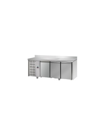 Tavolo Refrigerato, 3 porte, piano in Acciaio Inox, alzatina 100 mm e gruppo motore a sx cm 187x70x95h