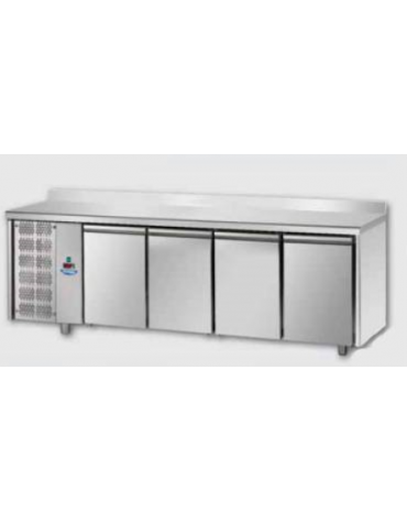 Tavolo Refrigerato, 4 porte, piano in Acciaio Inox, alzatina 100 mm e gruppo motore a sx cm 232x70x95h