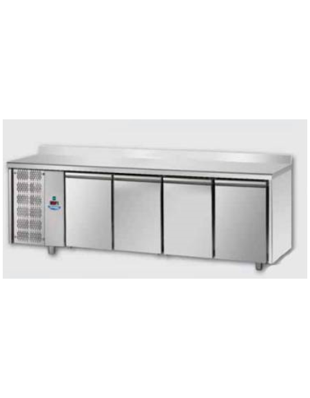 Tavolo Refrigerato, 4 porte, piano in Acciaio Inox, alzatina 100 mm e gruppo motore a sx cm 232x70x95h