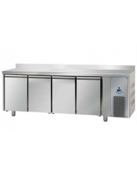 Tavolo Refrigerato GN 1/1 a bassa temperatura con 4 porte e piano in Acciaio Inox con alzatina 100 mm, cm 232x71,5x95h