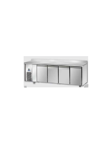 Tavolo Refrigerato GN 1/1 a bassa temperatura 4 porte piano in Acciaio Inox con alzatina e motore a sx cm 232x71,5x95h