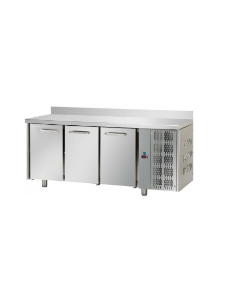 Tavolo Refrigerato GN 1/1 a temperatura normale con 3 porte e piano in Acciaio Inox con alzatina 100 mm, cm 187x70x95h