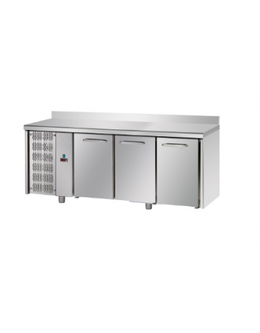 Tavolo Refrigerato a temp. normale con 3 porte, piano in Acciaio Inox, alzatina 100 mm e gruppo motore a sx cm 187x70x95h