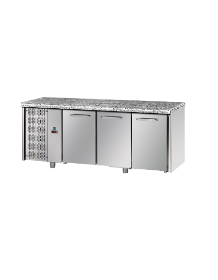 Tavolo Refrigerato a temperatura normale con 3 porte, piano di lavoro in Granito e gruppo motore a sinistra cm 188x70x85h