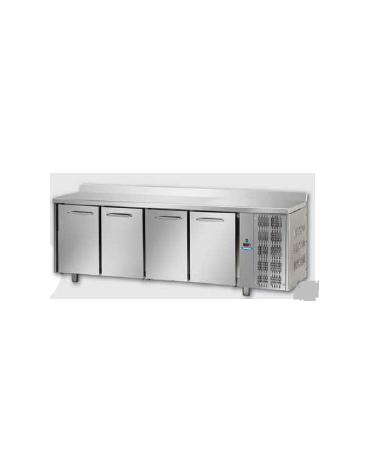 Tavolo Refrigerato GN 1/1 a temperatura normale con 4 porte e piano in Acciaio Inox con alzatina 100 mm, cm 232x70x95h